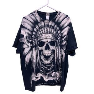 Vintage Indian Skull T Shirt Big Chief Black All Over Print Native America 2XL